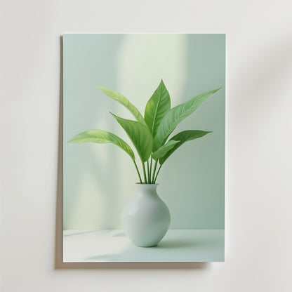 Bozetto Lily Plant In Vase Poster visar en grön bladväxt i en vit vas på en mjukt upplyst bakgrund, tryckt på FSC-certifierat premiumpapper för en ren och elegant stil.