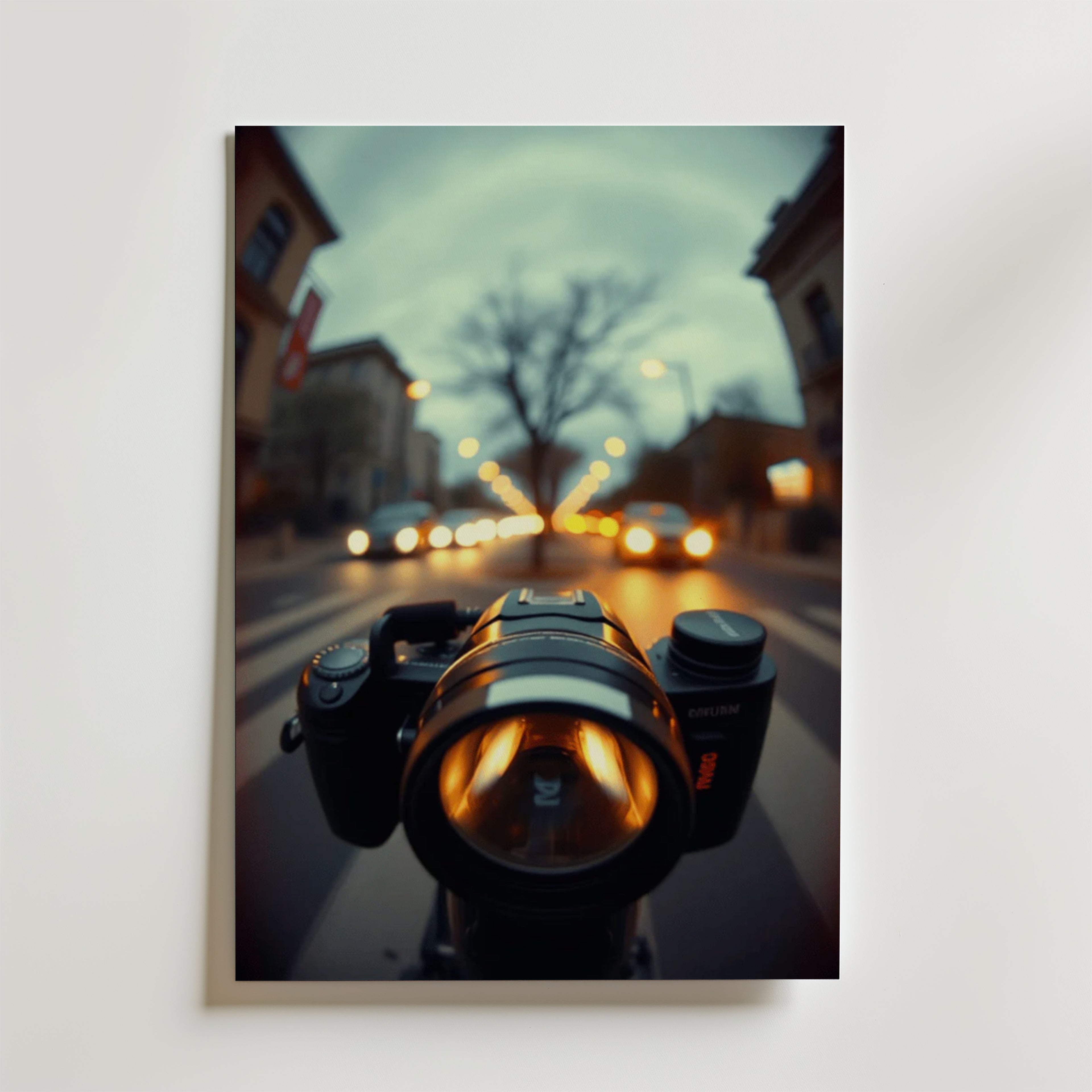 En kamera sitter på ett övergångsställe i skymningen, med suddiga gatlyktor och byggnader bakom, vilket skapar en dramatisk bokeh-ideal för Bozettos Shot in Motion Poster, tryckt på premiumpapper med en lyxig matt yta.
