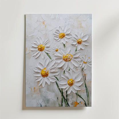 Bozetto Daisy Dreams Poster visar ett blommönster av vita prästkragar med gul mitt på en ljus, abstrakt bakgrund. Tjockt målade kronblad ger textur, allt tryckt på FSC-certifierat premiumpapper.