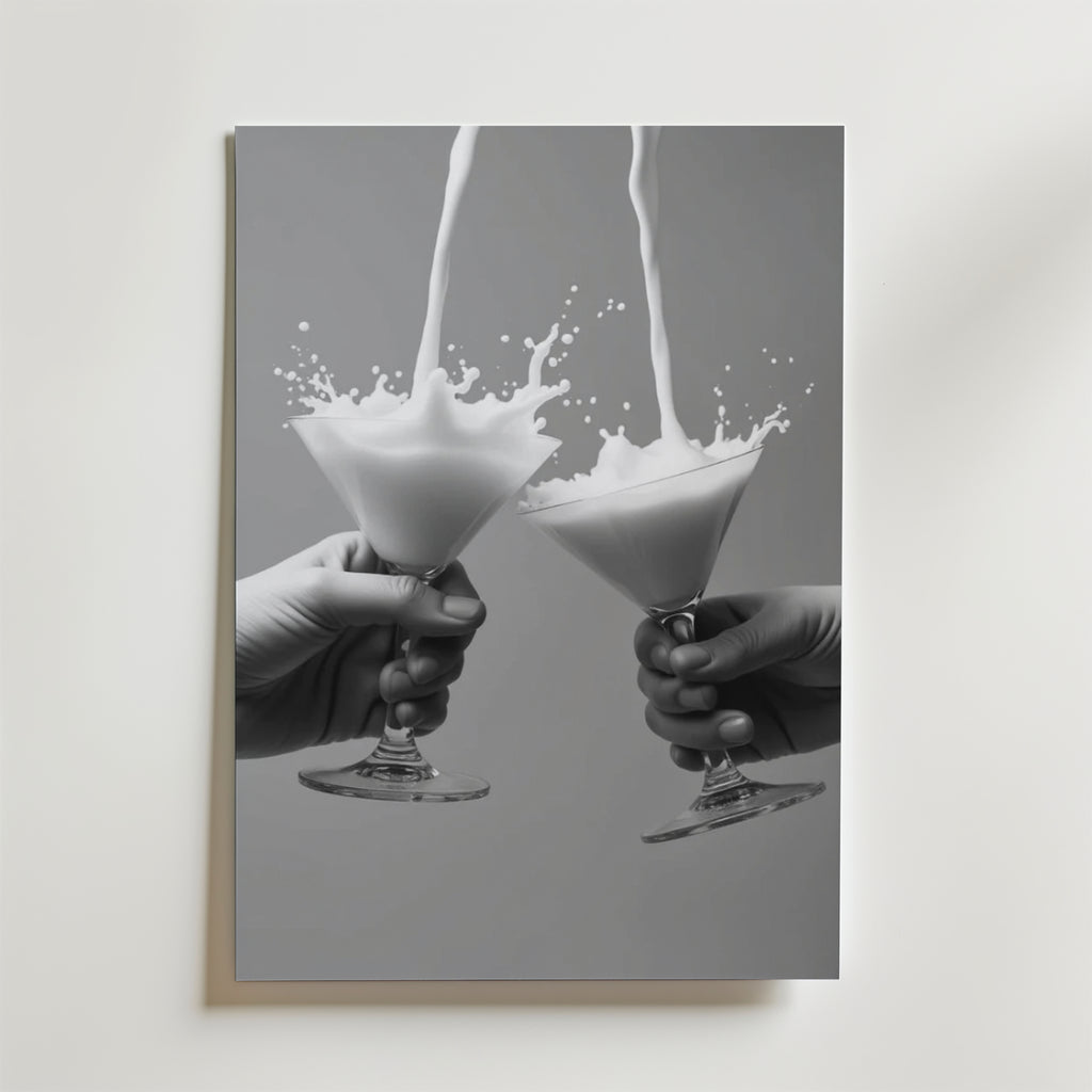 Två händer håller i martiniglas medan mjölkstänk möts i luften. Cheers Martini Drink Poster från Bozetto har denna slående svartvita bild på premiumpapper, vilket gör den perfekt för modern inredning med sin släta bakgrund.