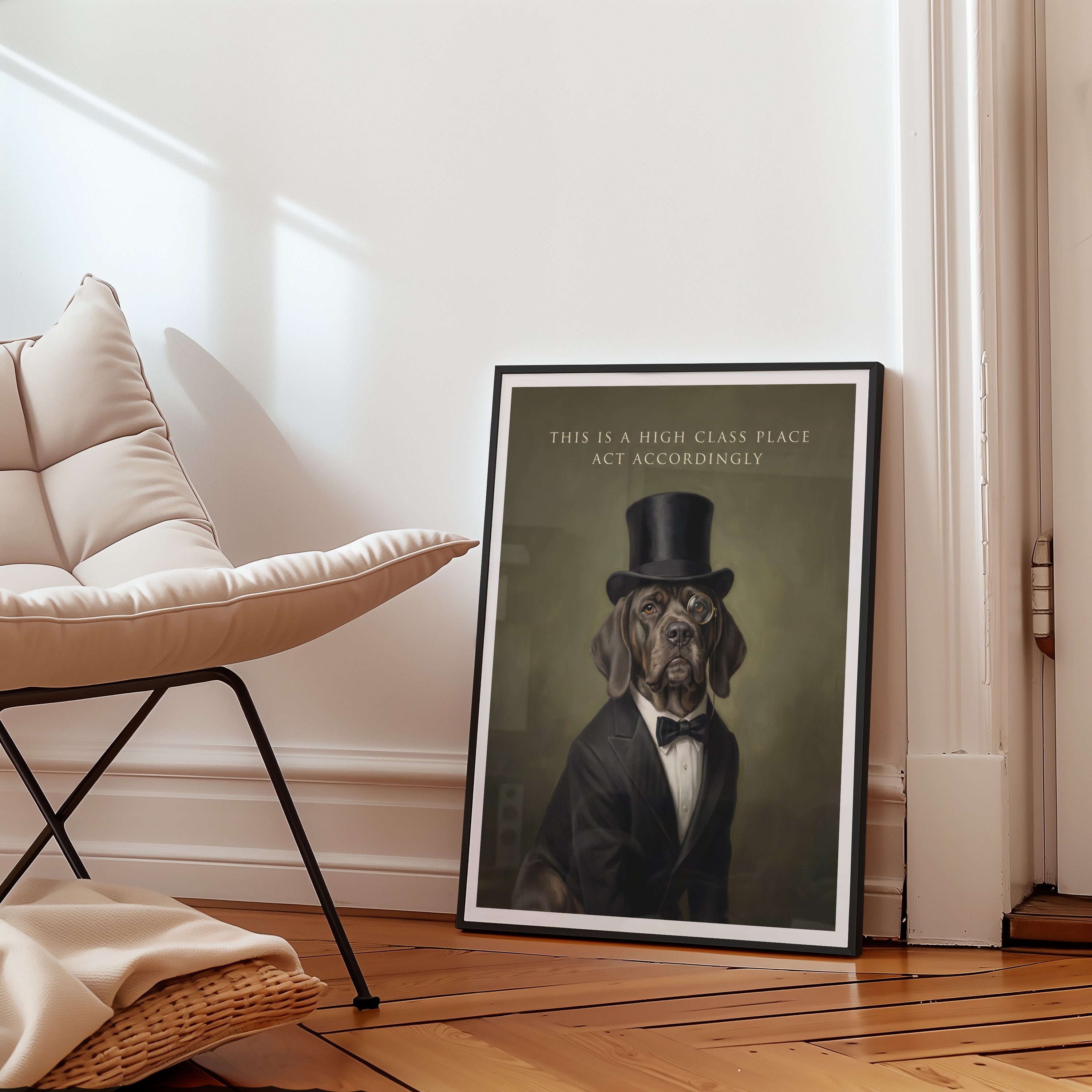 Mockup av High Class Dog affisch på vägg – köp enkelt hos Bozetto i hög kvalitet