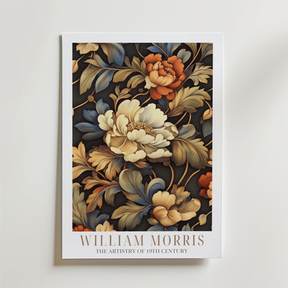 Golden Flowers Pattern William Morris Poster från Bozetto visar vintage blomsterkonstverk i jordnära toner, med "WILLIAM MORRIS" och "THE ARTISTRY OF 19TH CENTURY" nedanför - perfekt för att addera klassisk väggkonst charm till din inredning.