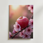 Apple Bloom Poster från Bozetto föreställer ett rött äpple bland rosa körsbärsblommor på en gren, mot en drömsk vårbakgrund - ett perfekt tillägg av hög kvalitet till ditt rum.