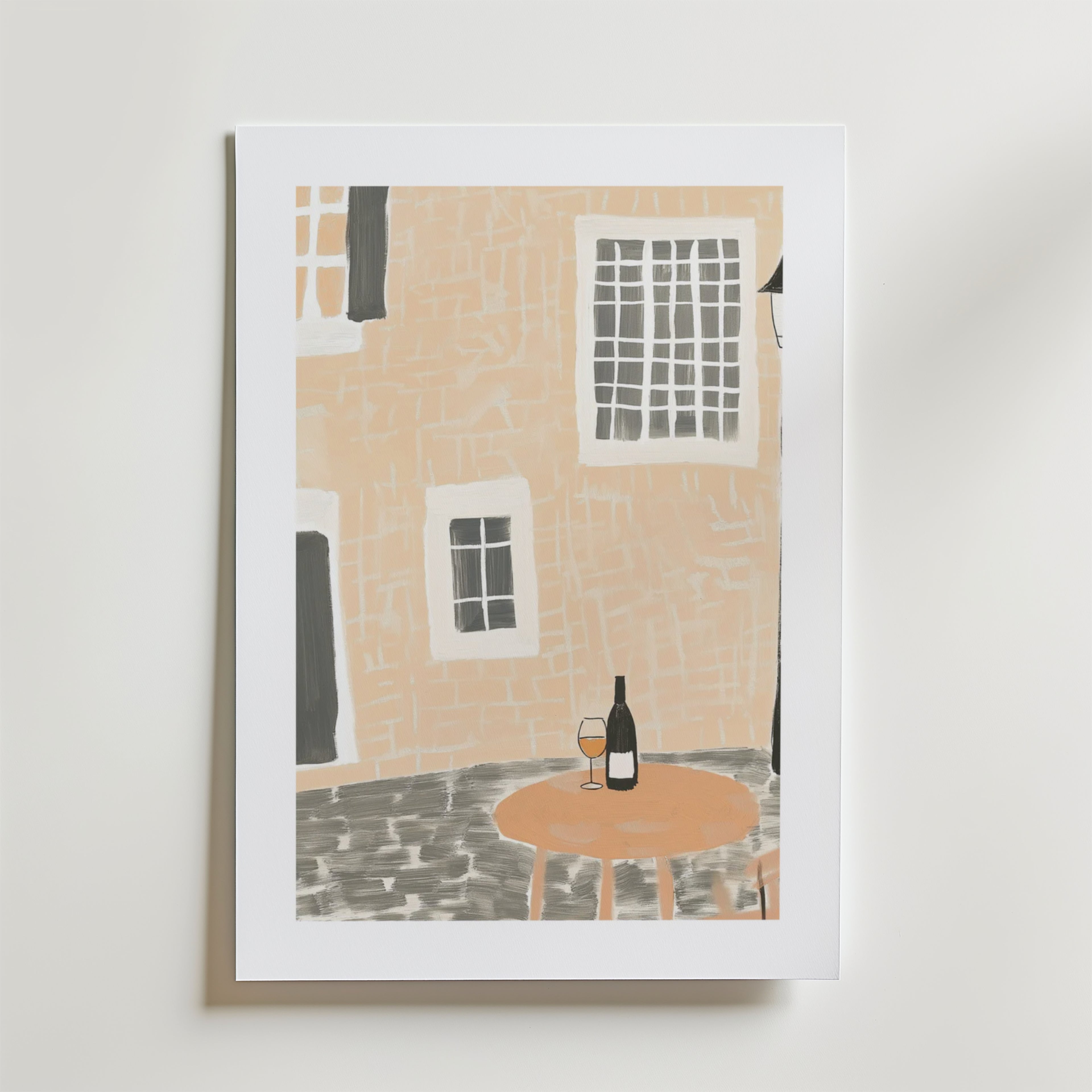 The Afternoon In Paris Poster by Bozetto visar minimalistisk konst av en vinflaska och ett glas på en kullerstensgata, med en persikobyggnad, tryckt på FSC-certifierat premiumpapper för en lyxig matt yta.