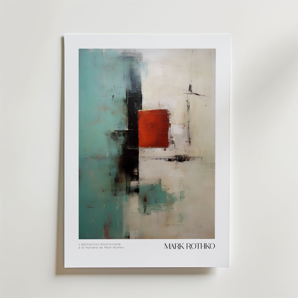 Quiet Echo Mark Rothko Poster från Bozetto har block av turkos, svart, vit och en röd mittkvadrat. Tryckt på FSC-certifierat premiumpapper med lyxigt matt yta, Mark Rothkos namn visas längst ner till höger.