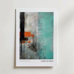 Postern Dissipating forms Mark Rothko Poster från Bozetto visar abstrakta svarta, orange, grå och turkosa partier på FSC-certifierat premiumpapper med en lyxig matt finish. MARK ROTHKO visas längst ner till höger med text under bilden.
