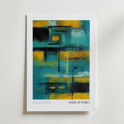 Bozetto Golden Dissonance Mark Rothko Poster har abstrakta former i färgerna blågrönt, gult och svart, tryckt på FSC-certifierat premiumpapper för en högkvalitativ finish. "MARK ROTHKO" och en liten dedikation visas längst ner.