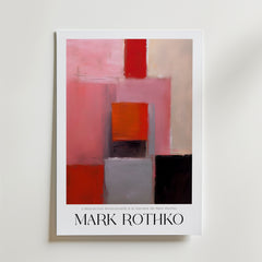 Depth Between Lines Mark Rothko Poster by Bozetto har djärva abstrakta block i rött, rosa, orange, grått och svart på FSC-certifierat premiumpapper med lyxig matt yta, med "MARK ROTHKO" och en fransk undertext längst ner.