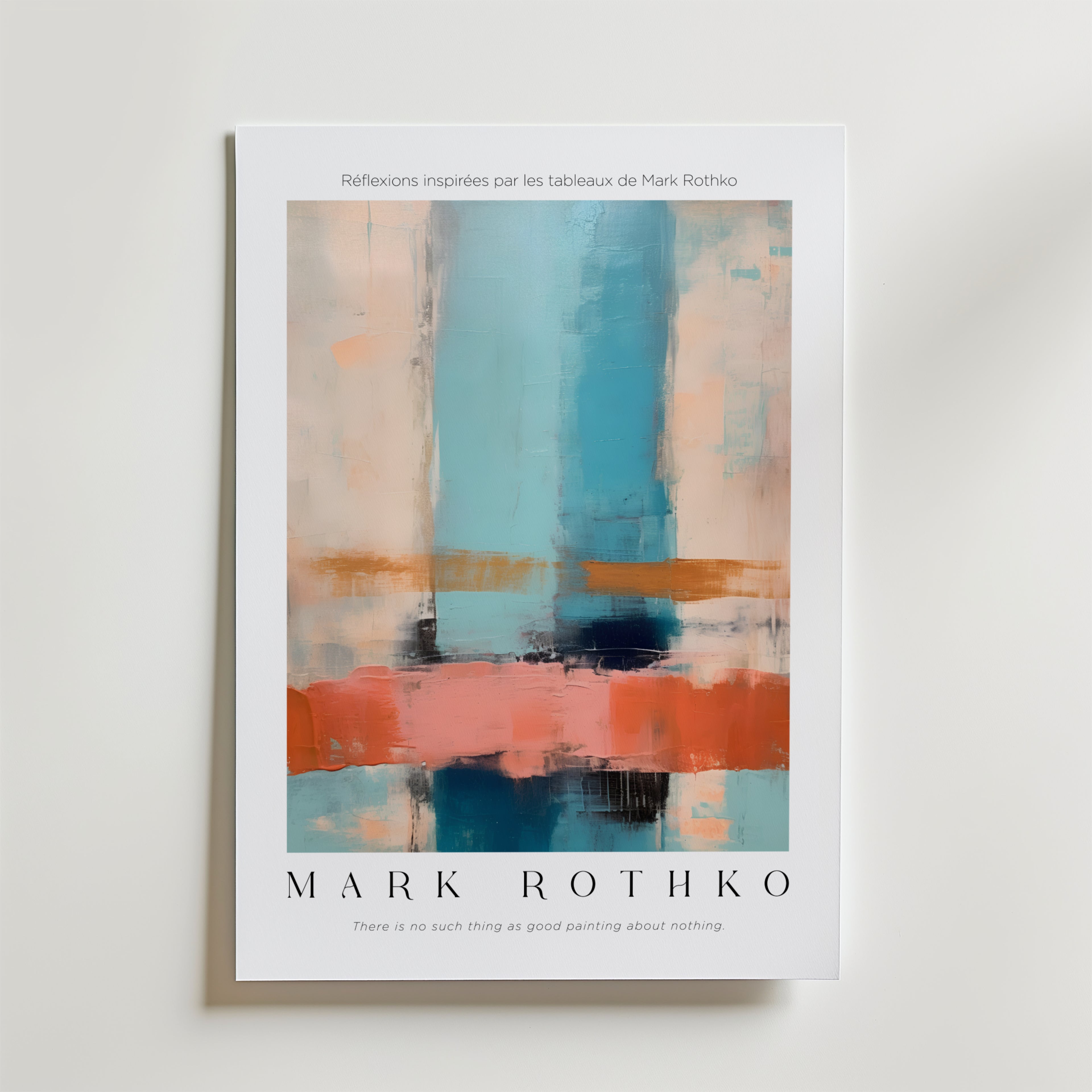 Bozetto "Between Sky & Sleep Mark Rothko Poster" har en abstrakt minimalistisk design i mjukt blått, persika och orange på FSC-certifierat premium matt papper, med "MARK ROTHKO", ett citat och en fransk undertitel som refererar till hans konst.