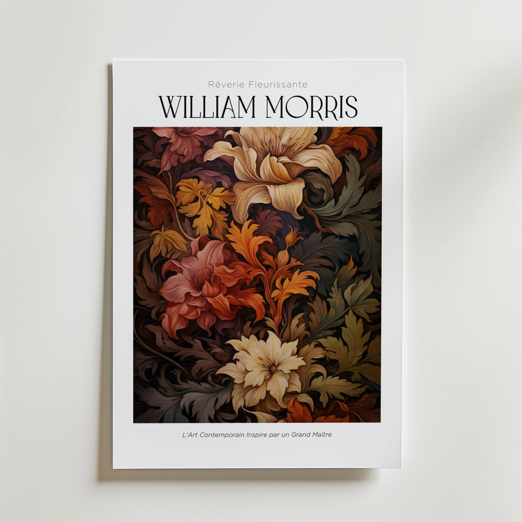 William Morris Autumn Flourish Poster – En rik och detaljfull blomsterposter i varma hösttoner av vinrött, ockra och djupgrön