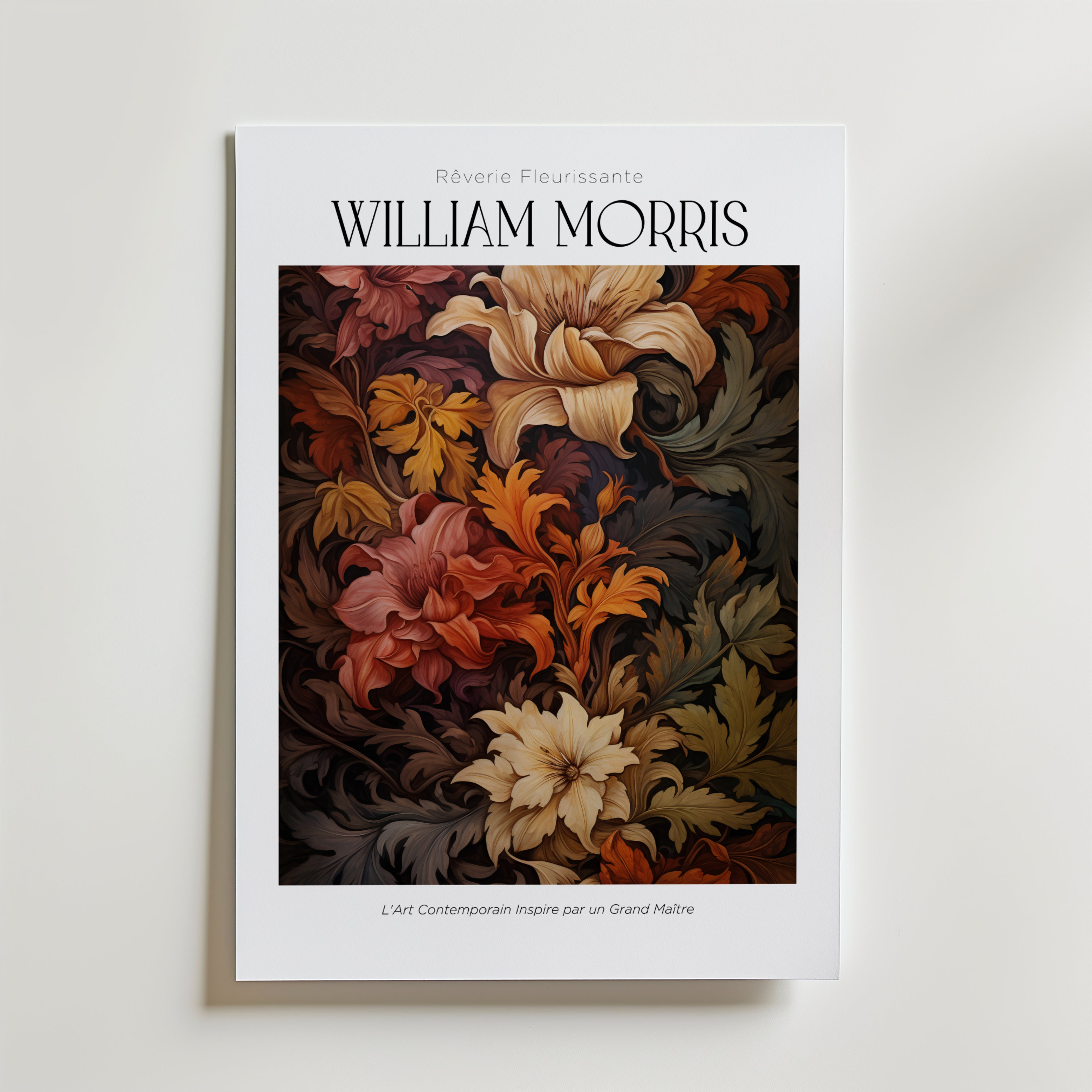 William Morris Autumn Flourish Poster – En rik och detaljfull blomsterposter i varma hösttoner av vinrött, ockra och djupgrön
