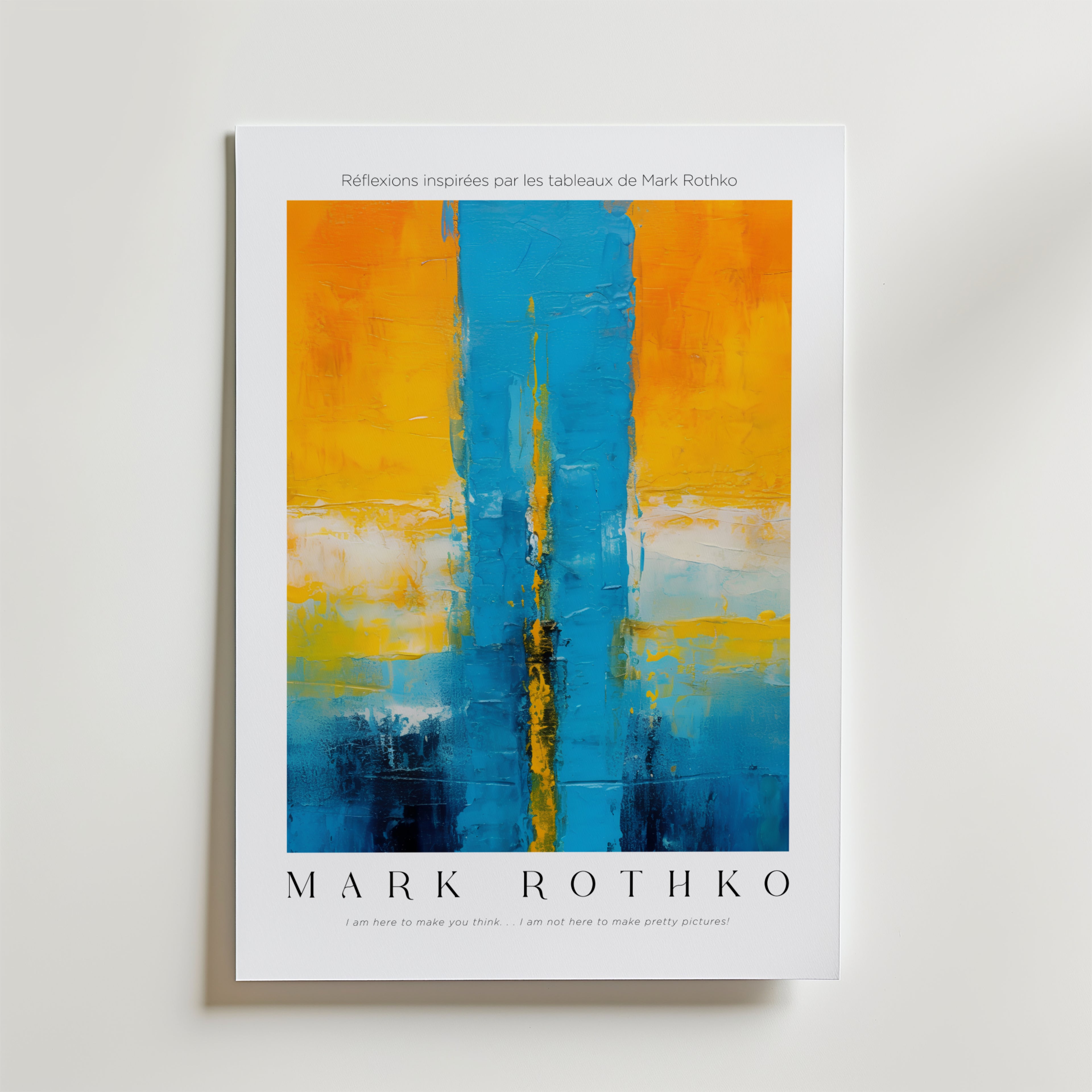 Skybreak Mark Rothko Poster från Bozetto visar en abstrakt design med livfulla gula och blå toner på FSC-certifierat premiumpapper. "Réflexions inspirées par les tableaux de Mark Rothko" visas ovanför, med hans namn och ett citat nedanför.