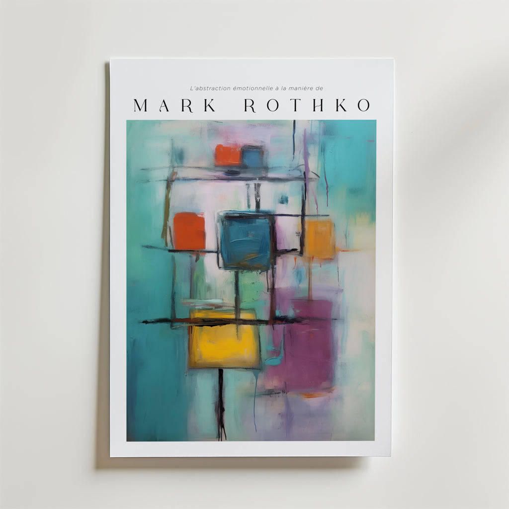 Vibrant Constructs Mark Rothko Poster by Bozetto har abstrakta, färgglada kvadrater och rektanglar på teal, tryckt på FSC-certifierat premiumpapper. "Labstraction émotionnelle à la manière de MARK ROTHKO" visas högst upp för en högkvalitativ finish.