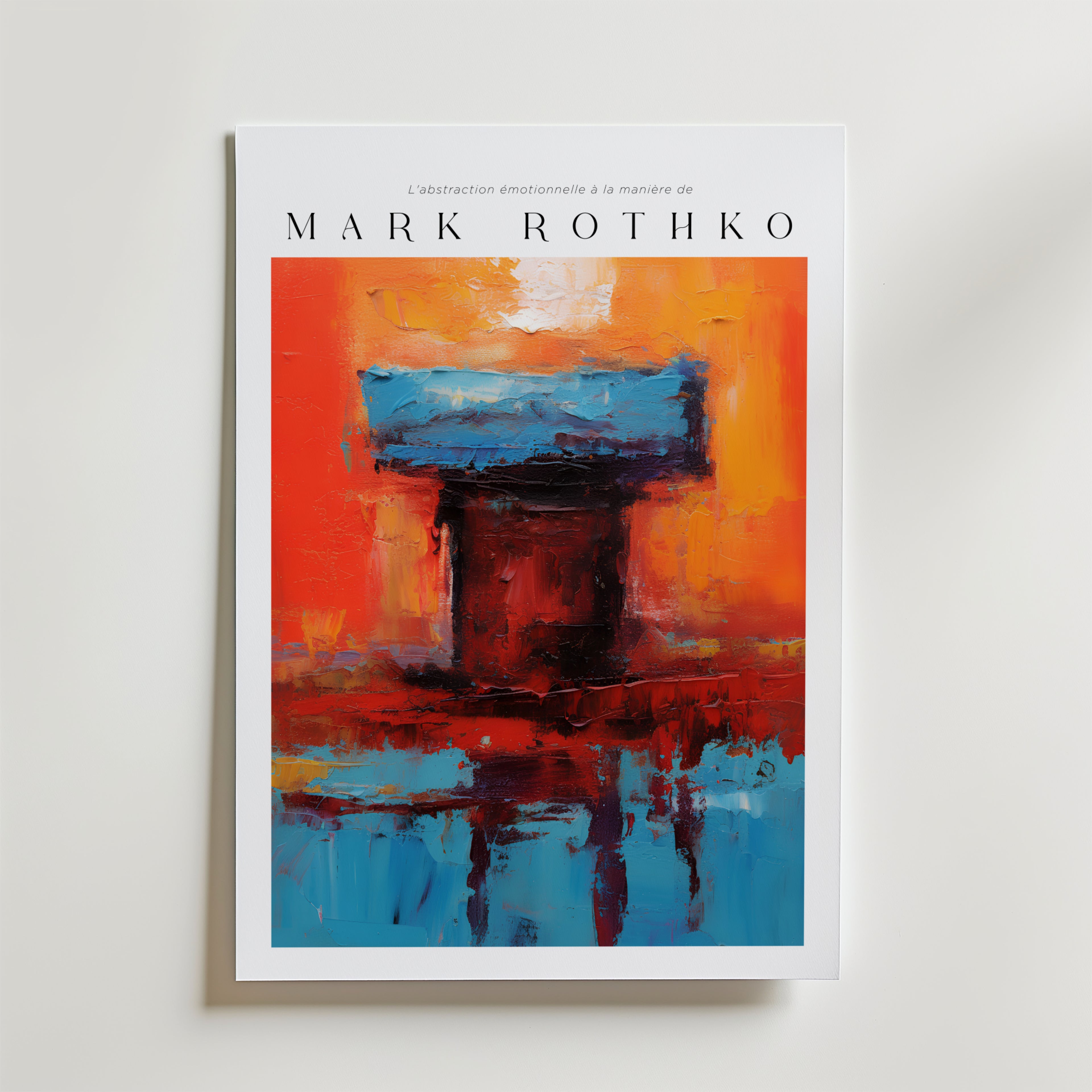 Affischen Temple of Flame Mark Rothko Poster från Bozetto har röda, orange, blå och svarta penseldrag mot en vit bakgrund. Affischen är tryckt på FSC-certifierat premiumpapper med lyxigt matt yta och texten lyder "Labstraction émotionnelle à la manière de MARK ROTHKO.