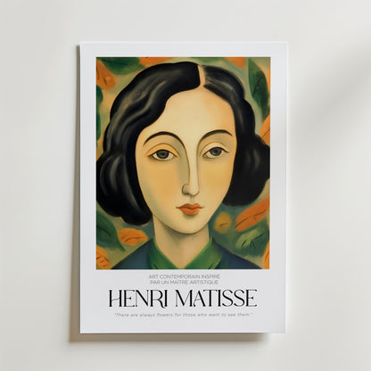 Quiet Wonder Matisse Poster från Bozetto föreställer en stiliserad kvinna med mörkt hår bland abstrakta blad, samt texten "Henri Matisse" och citatet: "Det finns alltid blommor för dem som vill se dem.