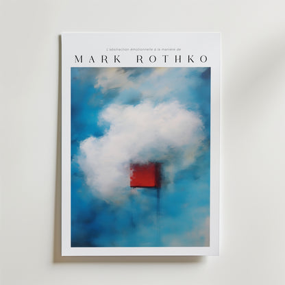 Poster Cloud Memory Mark Rothko Poster by Bozetto har en mjuk abstrakt design med en röd kvadrat och molnliknande vit form på blå botten, tryckt på FSC-certifierat premiumpapper. "Labstraction emotionnelle à la manière de Mark Rothko" visas högst upp.