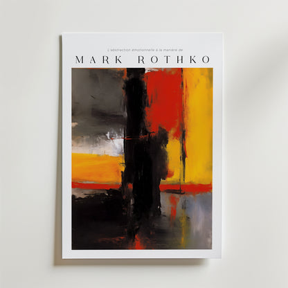 Postern Red Over Rust Mark Rothko från Bozetto har djärva abstrakta block i rött, gult, svart och grått. Tryckt på FSC-certifierat premiumpapper för en lyxigt matt yta. Text överst: "L'abstraction émotionnelle à la manière de MARK ROTHKO.