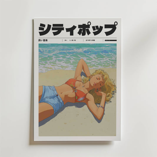 Postern Whispers of Summer från Bozetto visar ett japanskt tidningsomslag med en illustrerad kvinna i röd bikinitopp och blå shorts som kopplar av på en sandstrand med havet och den oändliga sommaren i bakgrunden.