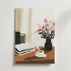 Morning Coffee Poster by Bozetto visar en rykande kopp, blommor och böcker på ett träbord, vackert tryckt på FSC-certifierat premiumpapper med en mjukt upplyst, neutral bakgrund.