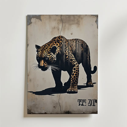 Concrete Jungle Poster by Bozetto föreställer en leopard på en sprucken, väderbiten vägg med mörka skuggor och stiliserad text i nedre högra hörnet, allt tryckt på premiumpapper med en matt yta.