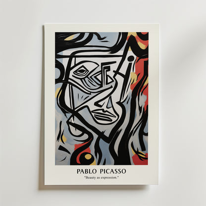 Postern Picasso Layers Of Emotion från Bozetto visar abstrakt konst i Picasso stil med geometriska former, uttrycksfulla ansikten och abstrakta linjer i rött, gult, grått och blått. Texten nedanför lyder "Pablo Picasso" och "Beauty as expression".