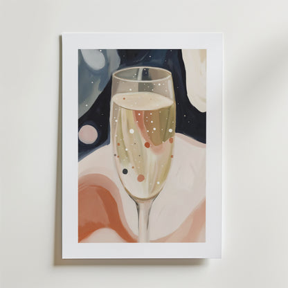Bozetto Champagne In Space Poster visar ett champagneglas fyllt med bubblor mot en abstrakt, färgglad, stjärnprickig bakgrund - en drömsk konstnärlig poster tryckt på premiumpapper.