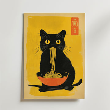 Black Cat Eats Noodle – stilfullt konsttryck från Bozetto, tryckt på matt finpapper