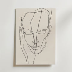 Mind Reflection Poster från Bozetto har en minimalistisk linjeteckning av ett mänskligt ansikte och en hand på premiumpapper med enkla svarta linjer. Detta eleganta konstverk visas monterat på en ljus vägg.