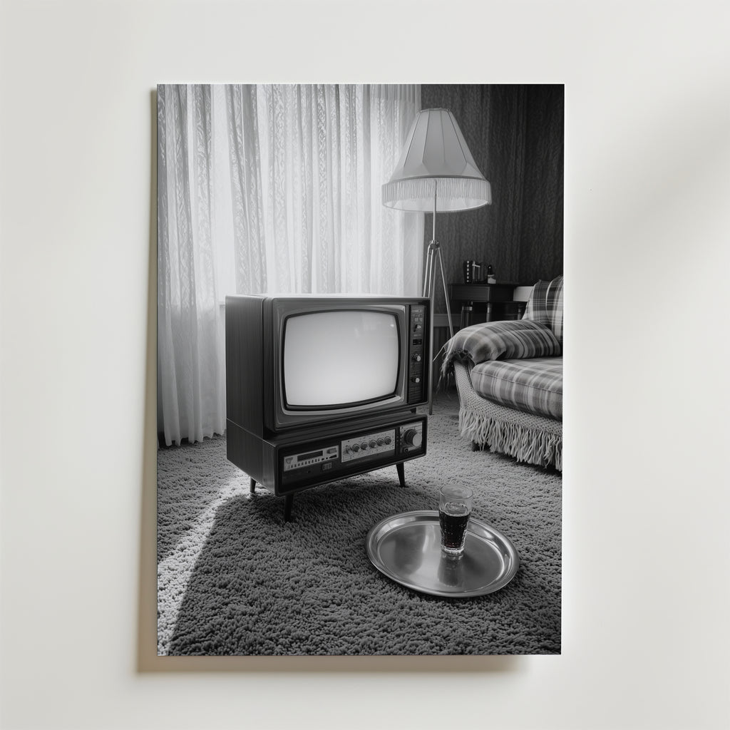 Ett svartvitt foto av ett vintagevardagsrum med en gammal TV, rutig soffa, bricka på shagmatta och skira gardiner - precis som Bozetto Vintage Living Room Poster, tryckt på FSC-certifierat premiumpapper.