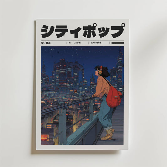 Silent Frequency Poster av Bozetto visar en kvinna med hörlurar och en röd ryggsäck på en balkong med utsikt över Tokyos futuristiska nattsilhuett, med den japanska titeln "シティポップ" (City Pop) högst upp.