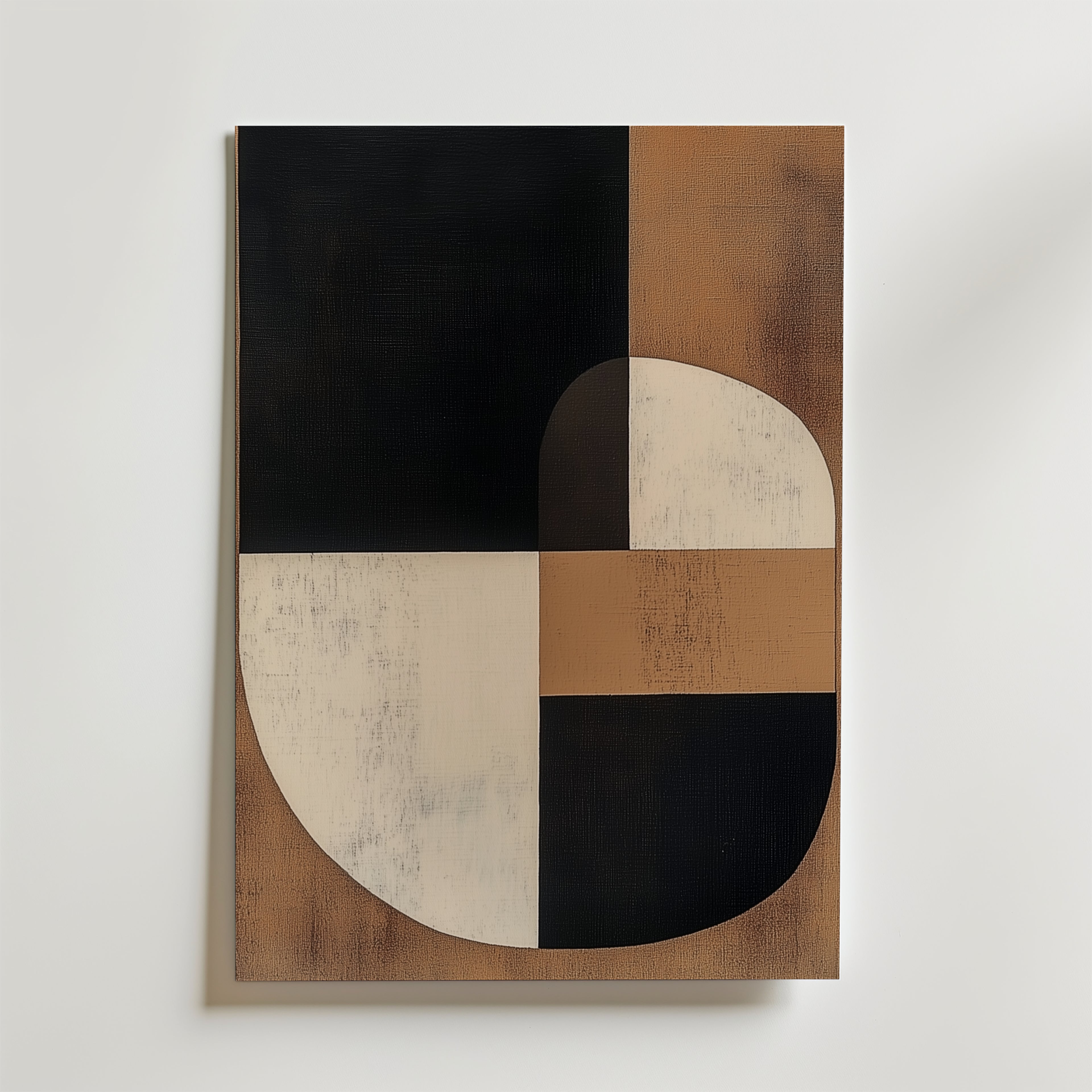 Postern Abstract Brown Shapes från Bozetto har minimalistiska geometriska former i svart, brunt och off-white på matt yta premiumpapper, med en djärv böjd form som korsar kvadrater och rektanglar på en vit bakgrund.