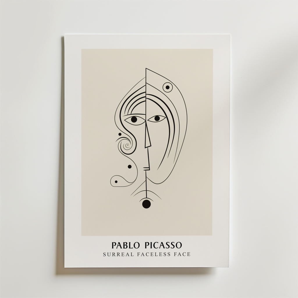 Postern Picasso Soul In Lines från Bozetto föreställer ett abstrakt, ansiktslöst ansikte i svarta linjer på en beige botten med texten: Pablo Picasso - Surreal Faceless Face-ideal minimalist decor for modern interiors.