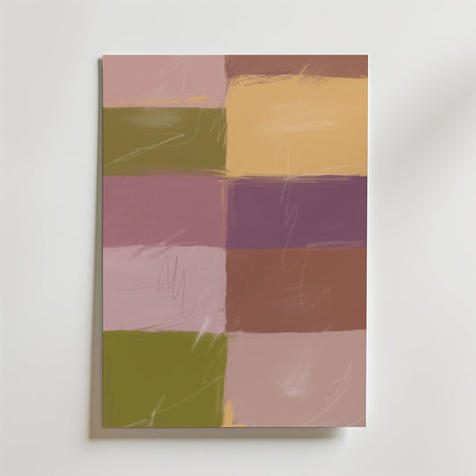 Clay Serenity Poster av Bozetto visar överlappande rektanglar i dämpad rosa, olivgrönt och senapsgult med mjuka penseldrag och vitt klotter - vilket återspeglar jordnära elegans och subtil japandi-estetik.