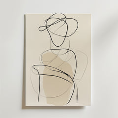 Abstrakt Silhouette Figure Poster från Bozetto har svarta, flytande linjer och beige former på vitt premiumpapper, vilket skapar en minimalistisk, elegant väggdekor inspirerad av konturerna av en sittande figur.