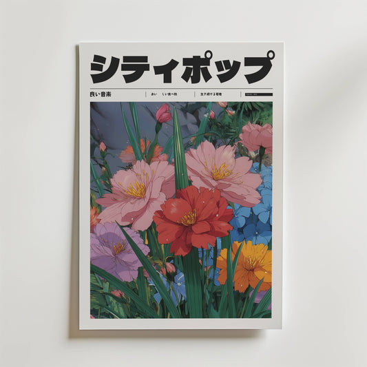 Tranquil Field Poster från Bozetto har färgglada illustrerade blommor i stilleben blommor-stil, inklusive rosa, blå och orange blommor på en mörk bakgrund. Den rena layouten och de dämpade nyanserna ger en modern och elegant känsla.