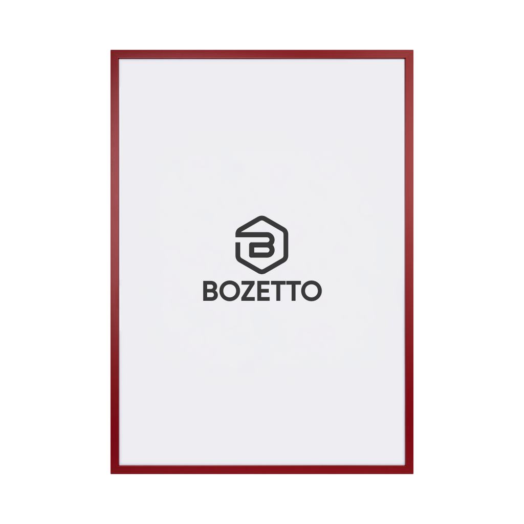 En vertikal rektangulär affischram visar en tunn Röd Träram från Bozetto med vit bakgrund och en centrerad svart Bozetto-logotyp under en geometrisk symbol.
