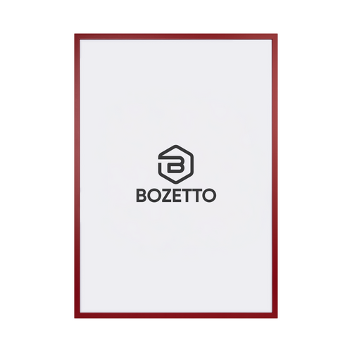 En vertikal rektangulär affischram visar en tunn Röd Träram från Bozetto med vit bakgrund och en centrerad svart Bozetto-logotyp under en geometrisk symbol.