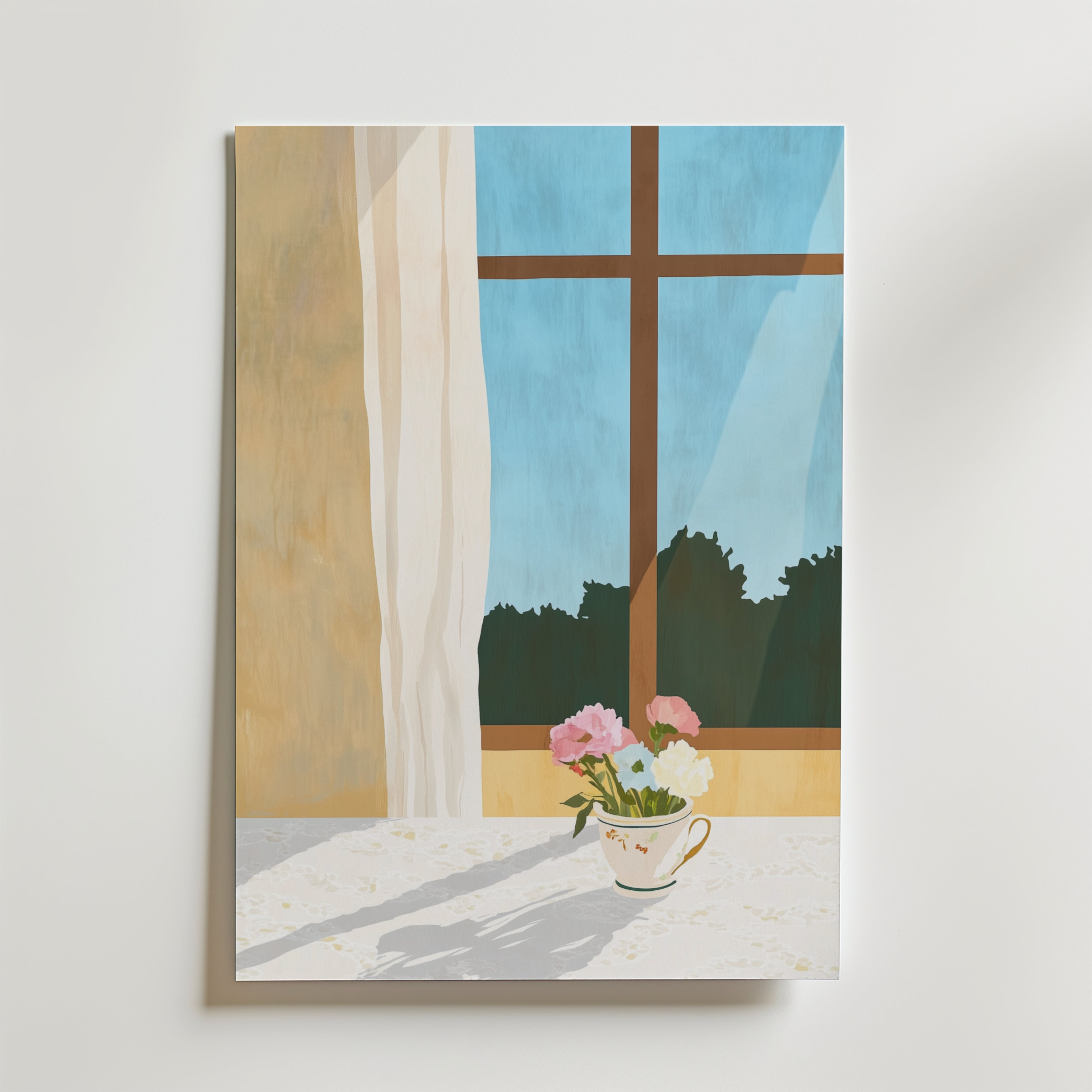Bozetto Window Cup Flower Poster visar ett solbelyst fönster med skira gardiner, en tekopp med rosa och vita blommor på bordet och träd utanför under en blå himmel. Tryckt på premiumpapper.