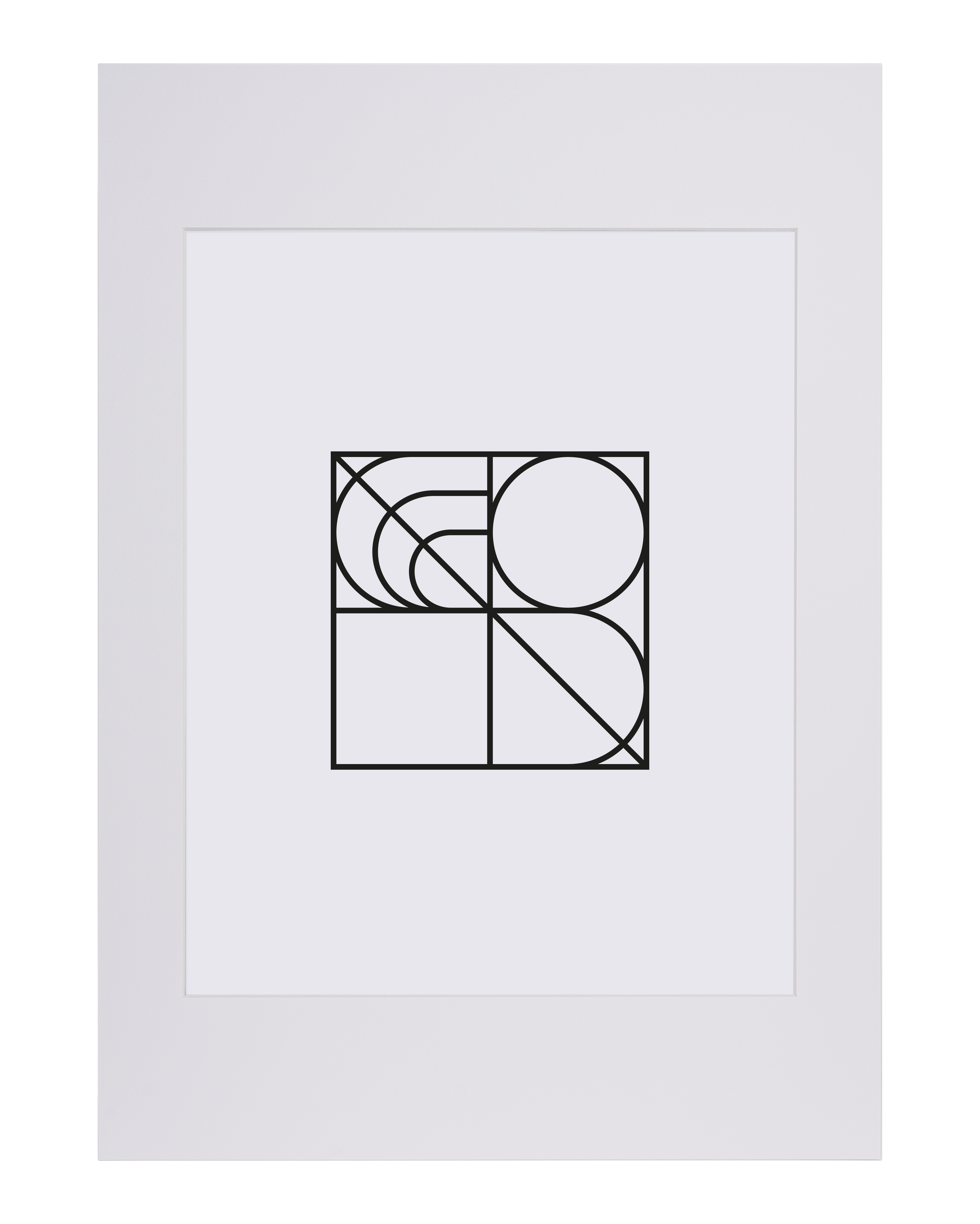 Minimalistisk svart geometrisk linjekonst med kvadrater, cirklar och kurvor arrangerade i ett rutnät på en vit bakgrund, elegant inramad med Bozettos Innerram Vit och en vanlig vit matta.