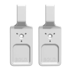 Set med två vita Bozetto Bold Spik Väggkrokar (2x2 kg), var och en med rektangulär bas, centralt cirkulärt hål, tre omgivande hål och "BOLD." präglat längst ner - perfekt för speglar eller tavlor.