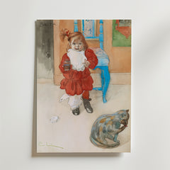 Ta med det svenska berättandet hem med Bozettos "Carl Larsson Brita i Konfektyrburken 1984 Poster": en mjuk och varm scen av en ung flicka i rött och vitt med en katt vid sin sida, inspirerad av Carl Larsson. Perfekt väggkonst för mysiga utrymmen.
