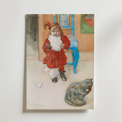 Ta med det svenska berättandet hem med Bozettos "Carl Larsson Brita i Konfektyrburken 1984 Poster": en mjuk och varm scen av en ung flicka i rött och vitt med en katt vid sin sida, inspirerad av Carl Larsson. Perfekt väggkonst för mysiga utrymmen.