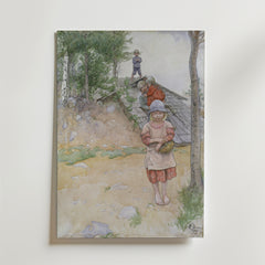 Bozetto Carl Larsson By the Cellar Poster föreställer en vintagescen: en flicka i röd klänning med svamp och två barn som leker utomhus och fångar svensk sommarkänsla i Sundbornslandskapet.