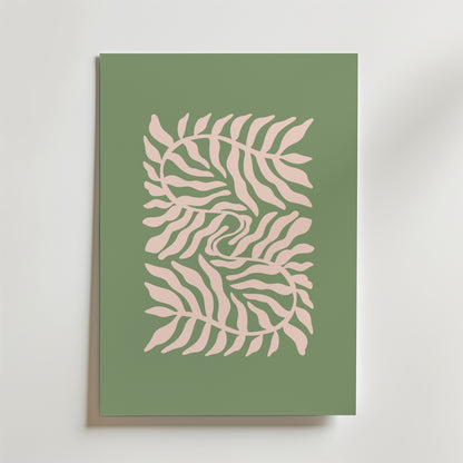 Bozetto Leaf Swirl Poster visar två ljusrosa, stiliserade ormbunksblad som böjer sig mot varandra på en dovt grön bakgrund och bildar ett symmetriskt, abstrakt mönster inspirerat av naturen.