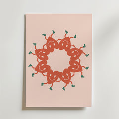 Bozetto Loop of Sprouts Poster visar ett cirkelformat mönster av röda, leende seriefigurer med gröna skotten-stövlar som håller varandra i handen mot en ljusrosa bakgrund.