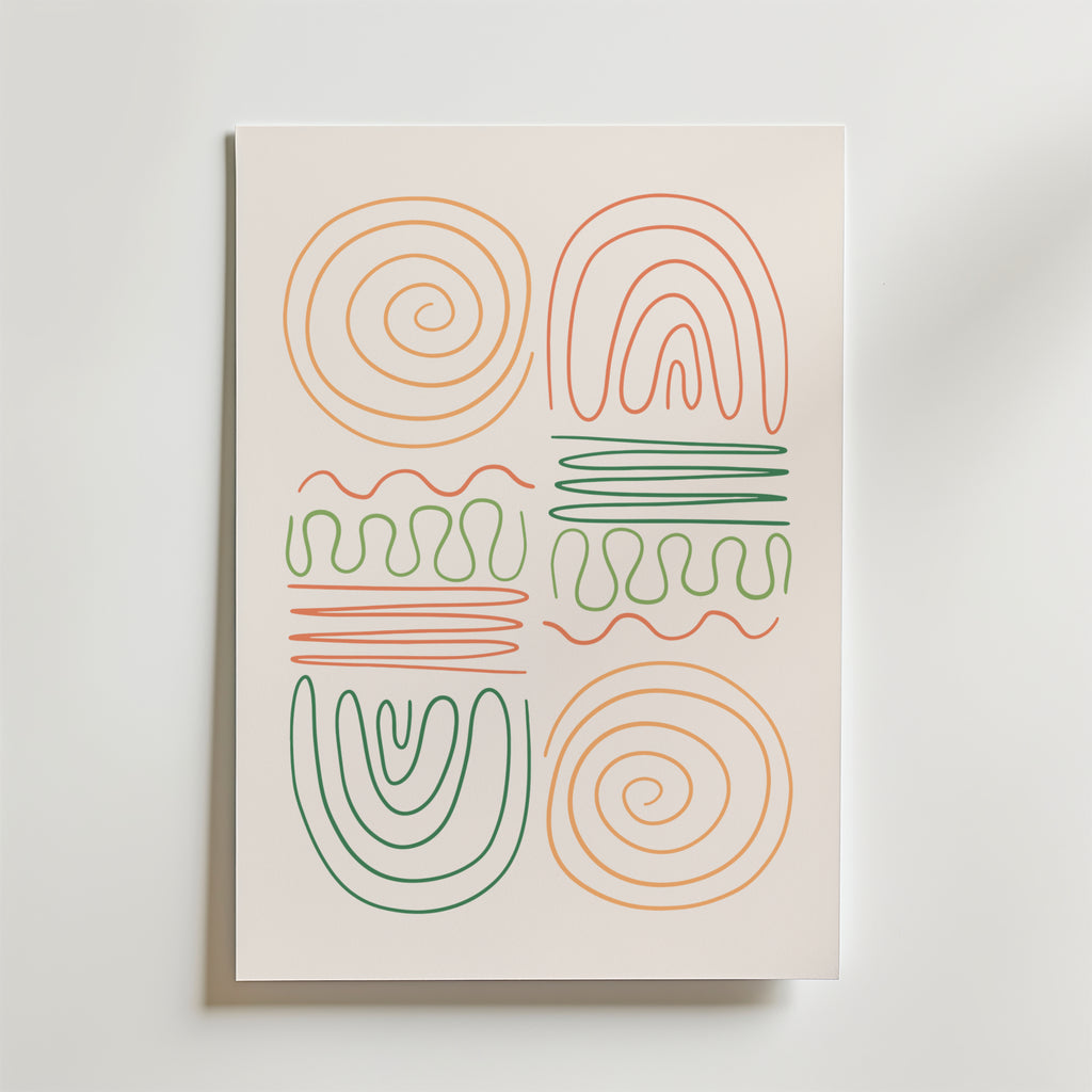 Bozetto Abstract Pastel Shapes Poster visar sex orange och gröna abstrakta former - spiraler, bågar och vågiga linjer - i ett 2x3 rutnät på en ren vit bakgrund, perfekt för moderna hem.