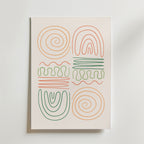 Bozetto Abstract Pastel Shapes Poster visar sex orange och gröna abstrakta former - spiraler, bågar och vågiga linjer - i ett 2x3 rutnät på en ren vit bakgrund, perfekt för moderna hem.