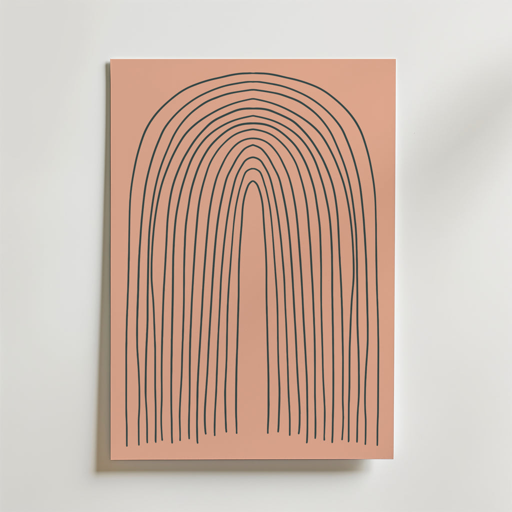 Terracotta Arches Poster by Bozetto har ojämna svarta båglinjer på en rosa bakgrund och ger en modern touch till din inredning när den visas på en vit vägg.