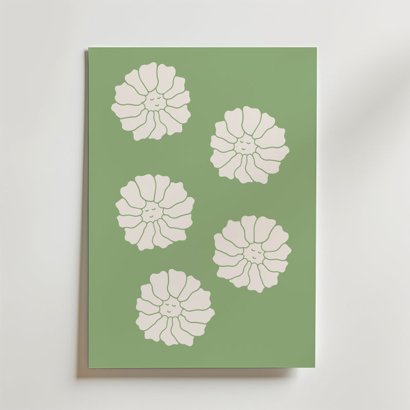 White Blossoms on Green Poster