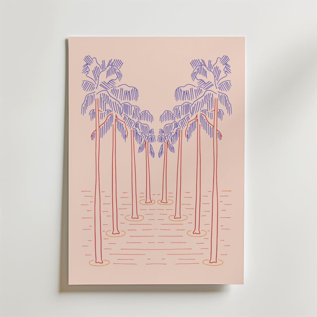 Bozetto Palm Dream Sunset Poster är en minimalistisk pastellprint med åtta stiliserade palmer i rosa och lila linjer, placerade i två rader ovanför vågiga linjer på en ljus persikobakgrund, som ger semesterkänsla till ditt rum.